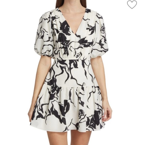 Tanya Taylor Shayna Floral Tiered Ruffle Mini Dress Women 4 in Black and White - Picture 1 of 11